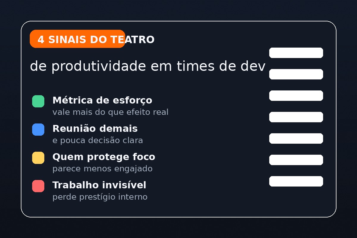Checklist visual com sinais de que um time está premiando visibilidade em vez de impacto em engenharia de software