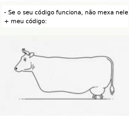 Meme em português mostrando a frase sobre não mexer em código que funciona e, em seguida, um desenho torto de vaca para representar código frágil e remendado.