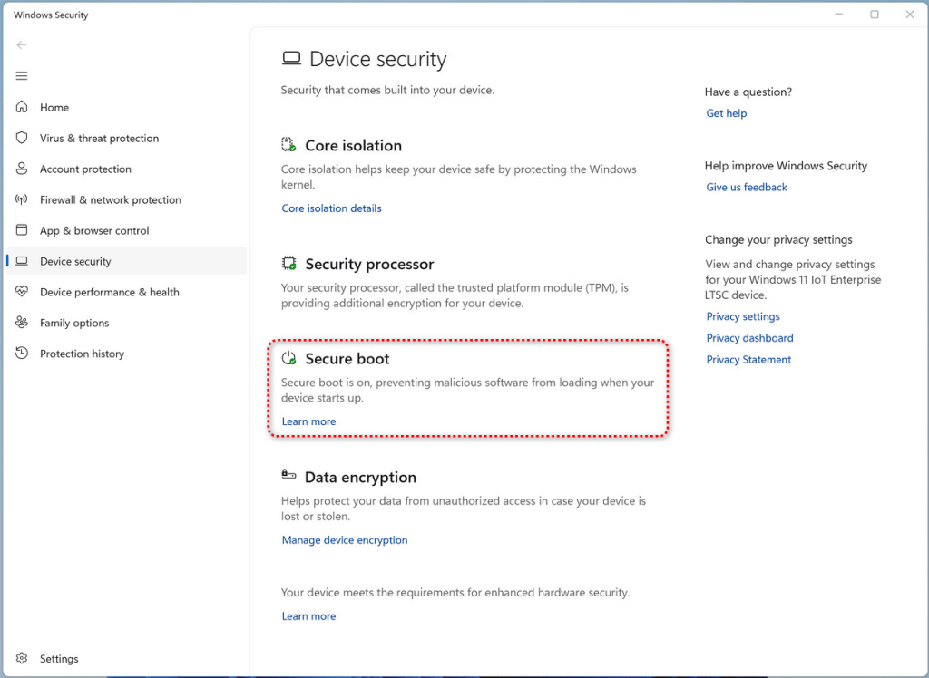 Captura de tela do Windows Security mostrando a área de Secure Boot para verificar o status da proteção.