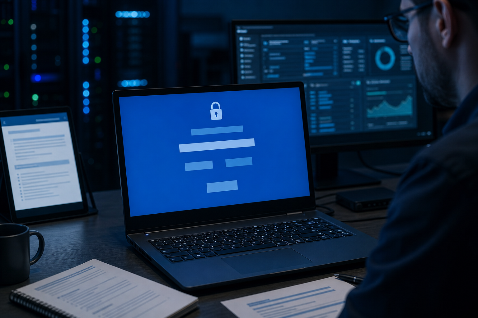 Notebook em mesa de operação mostrando um prompt de segurança em contexto de update, usado como apoio visual para o risco de BitLocker recovery após mudanças no Secure Boot