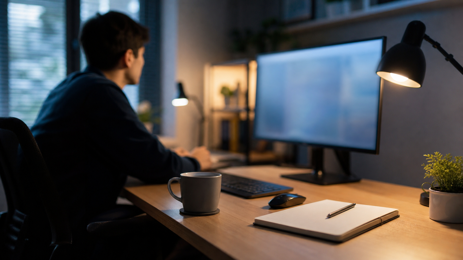 Mesa de trabalho com monitor desfocado e clima de foco, usada como contexto para o aperto das vagas júnior em TI
