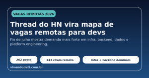 Card editorial sobre o thread de vagas do Hacker News em julho de 2026 e o foco das oportunidades remotas em infra, backend e dados