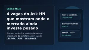 Card editorial sobre quatro vagas do Ask HN mostrando onde o mercado de TI ainda investe pesado, com destaque para St. Jude, Conservation Metrics e Nova Credit