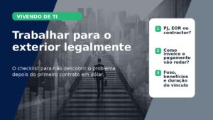 Card editorial sobre trabalhar para o exterior legalmente, com checklist sobre contratação, pagamento e rotina antes do primeiro contrato em dólar