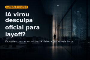 Corredor corporativo escuro com estética tecnológica e headline sobre layoffs ligados à IA no mercado de TI.