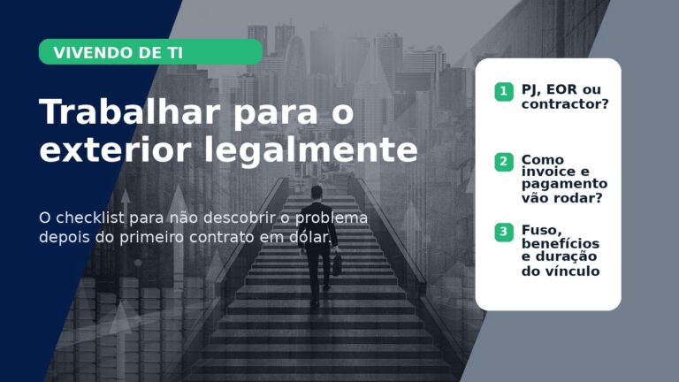 Card editorial sobre trabalhar para o exterior legalmente, com checklist sobre contratação, pagamento e rotina antes do primeiro contrato em dólar