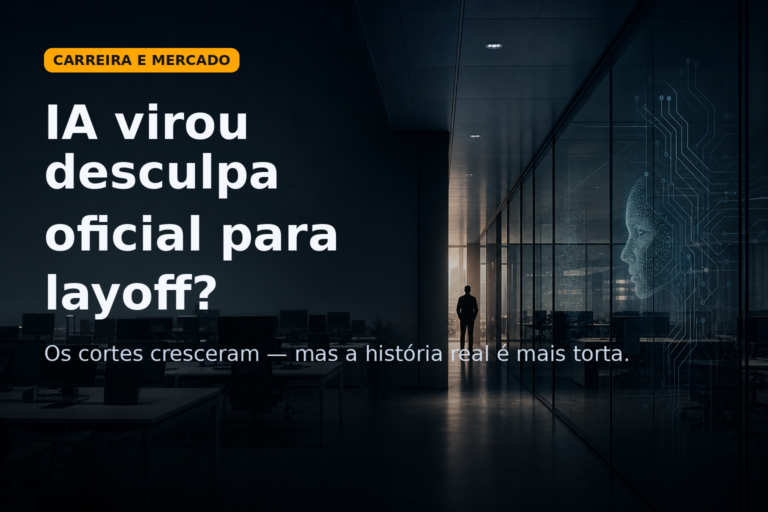 Corredor corporativo escuro com estética tecnológica e headline sobre layoffs ligados à IA no mercado de TI.