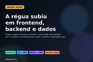 Capa editorial em fundo escuro com a manchete sobre quatro vagas remotas de TI e a alta da régua em frontend, backend e dados.