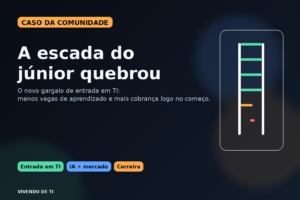Capa editorial escura com a frase A escada do júnior quebrou e uma escada gráfica com degraus falhando.