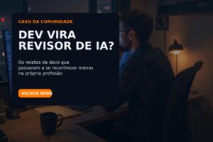 Card editorial sobre devs que sentem estar virando revisores de IA, a partir de dois relatos recentes do Hacker News sobre identidade e trabalho em software