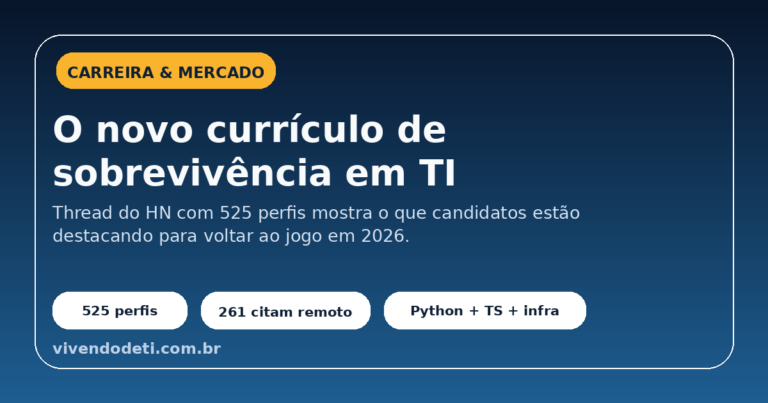 Card editorial sobre o thread do Hacker News de julho de 2026 mostrando o novo currículo de sobrevivência em TI