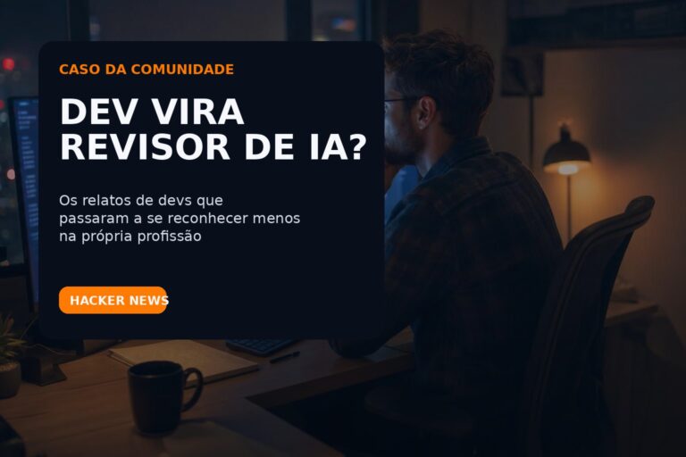 Card editorial sobre devs que sentem estar virando revisores de IA, a partir de dois relatos recentes do Hacker News sobre identidade e trabalho em software