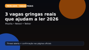 Card editorial sobre três vagas gringas reais de TI em 2026 com destaque para Mozilla, Retool e Tether