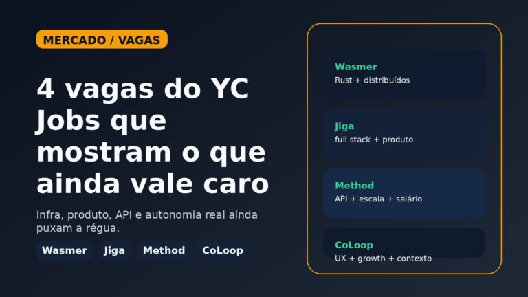 Card editorial sobre quatro vagas do YC Jobs mostrando onde startups ainda pagam mais caro por autonomia, infra e produto em TI