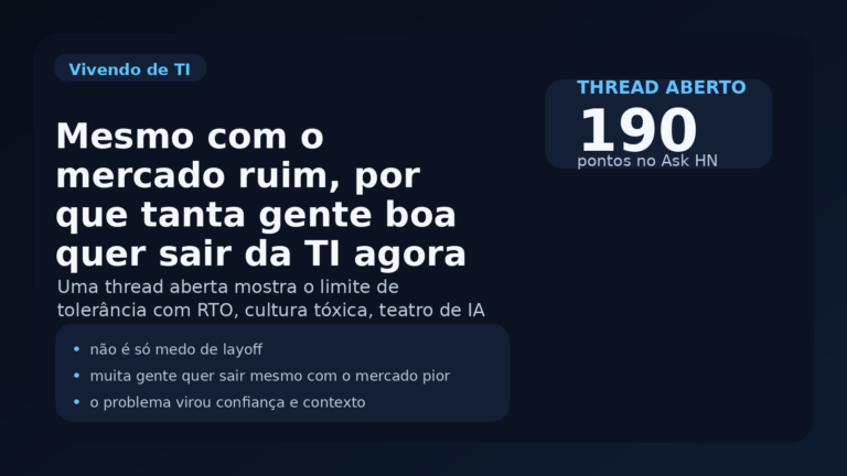 Card editorial sobre profissionais de tecnologia querendo sair da área mesmo com o mercado mais difícil em 2026