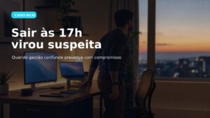 Card editorial sobre um caso de trabalho remoto em que sair às 17h passou a ser lido como falta de compromisso em um time global de tecnologia