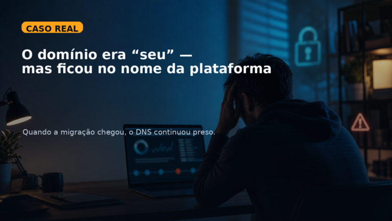 Capa editorial do Vivendo de TI sobre um caso real em que um fundador descobriu que o domínio do seu SaaS estava registrado no nome da plataforma usada para criar o site.