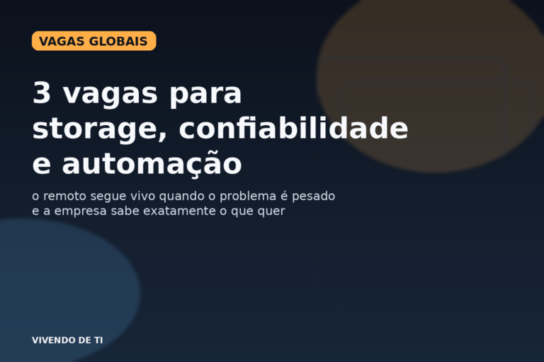 Capa editorial do Vivendo de TI sobre três vagas globais em storage, confiabilidade e automação que mostram onde o remoto ainda segue vivo.