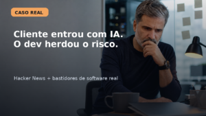 Capa editorial sobre cliente usando IA para entrar em um projeto de software e deixar o risco técnico com o desenvolvedor