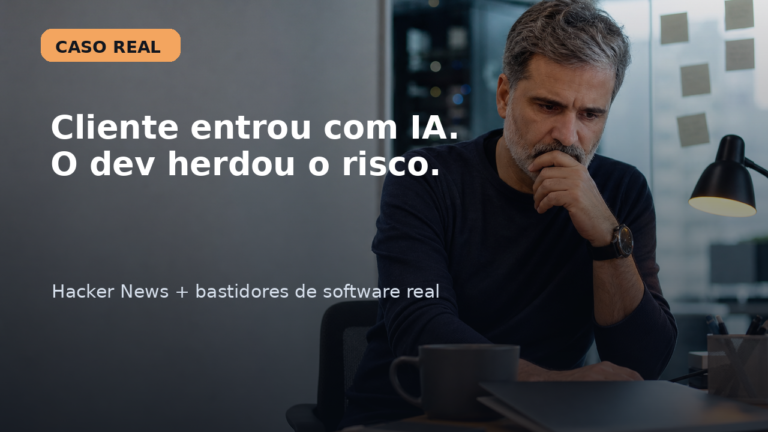 Capa editorial sobre cliente usando IA para entrar em um projeto de software e deixar o risco técnico com o desenvolvedor