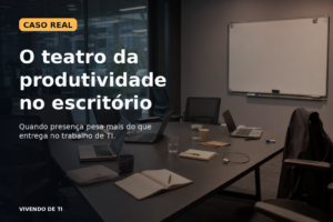 Capa editorial sobre o caso do r/brdev que critica o teatro de produtividade no escritório e a volta ao presencial em times de TI.