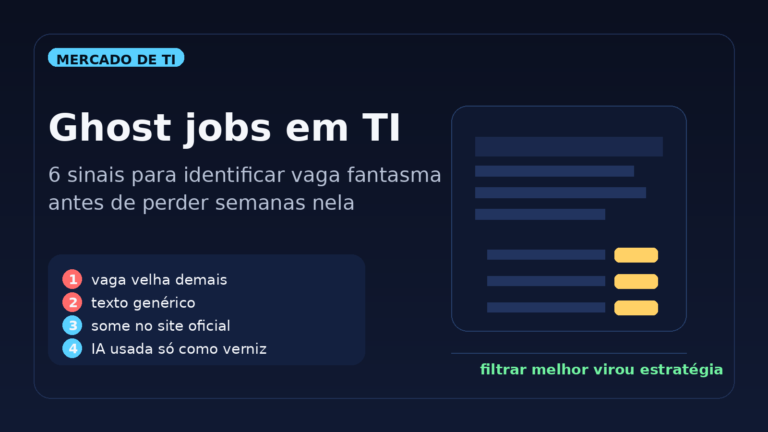Capa editorial do Vivendo de TI sobre ghost jobs em tecnologia e seis sinais para reconhecer vaga fantasma.