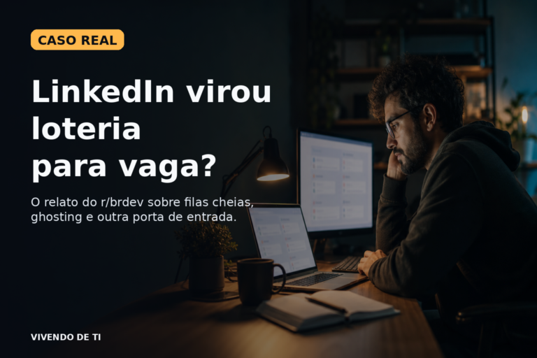 Capa editorial sobre o caso do r/brdev que trata o LinkedIn como loteria para vagas de TI.
