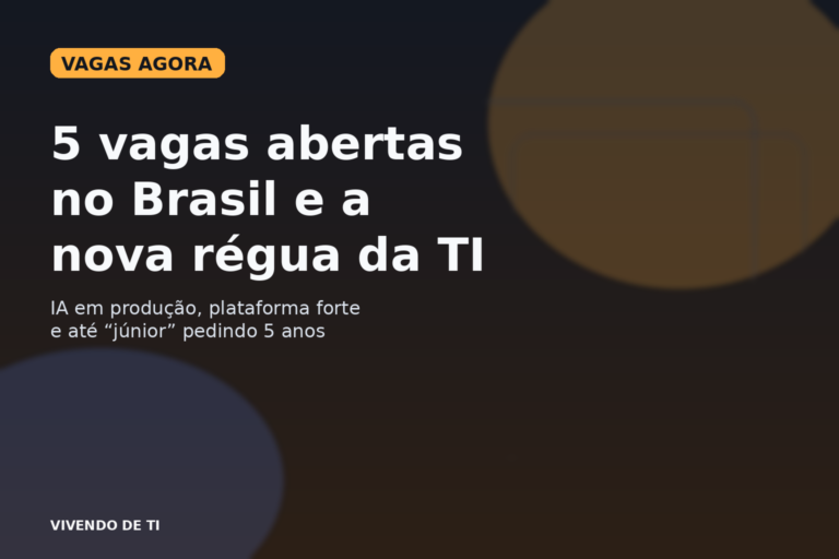 Capa editorial do Vivendo de TI sobre cinco vagas abertas no Brasil que mostram uma régua mais pesada em IA, plataforma e senioridade real.