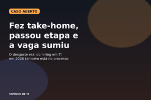 Capa editorial do Vivendo de TI sobre o desgaste do hiring em tecnologia, com destaque para take-home, ghosting e vaga cancelada no meio do processo.