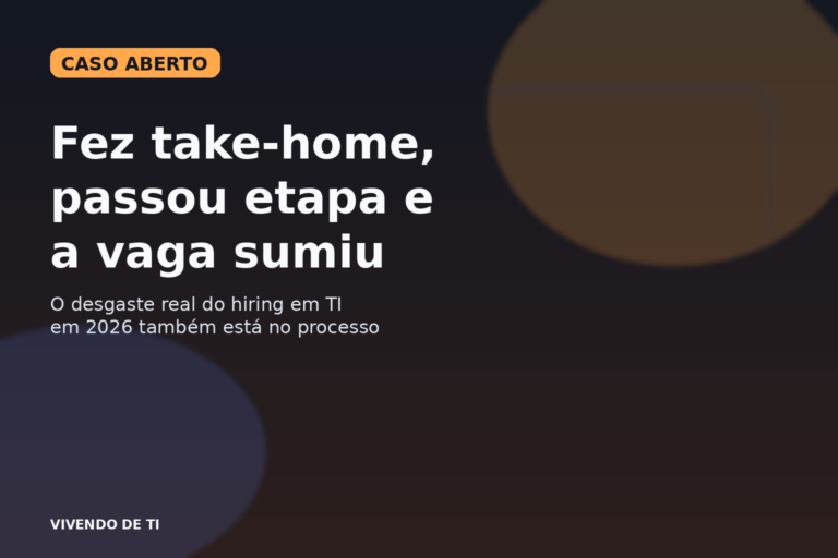 Capa editorial do Vivendo de TI sobre o desgaste do hiring em tecnologia, com destaque para take-home, ghosting e vaga cancelada no meio do processo.