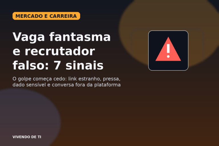 Capa editorial do Vivendo de TI sobre sete sinais para identificar vaga fantasma e recrutador falso durante a busca por trabalho em tecnologia.