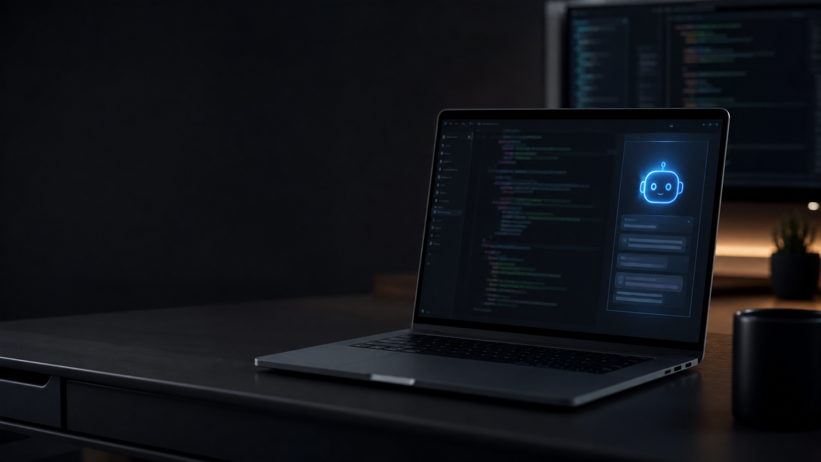 Laptop com ambiente de desenvolvimento e brilho de assistente de IA