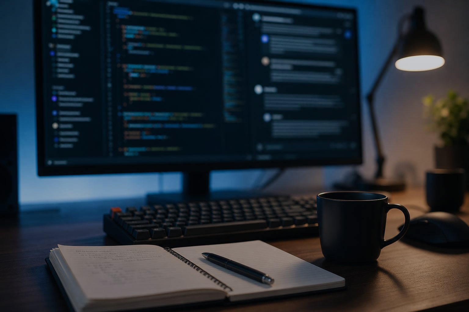Mesa de trabalho com notebook, teclado e monitor com revisão de código e chat de IA desfocados, usada como imagem contextual do post sobre identidade profissional e IA