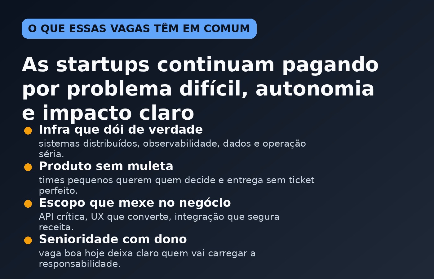 Imagem editorial resumindo os quatro sinais mais fortes nas vagas do YC Jobs: problema difícil, autonomia, impacto de negócio e senioridade com responsabilidade