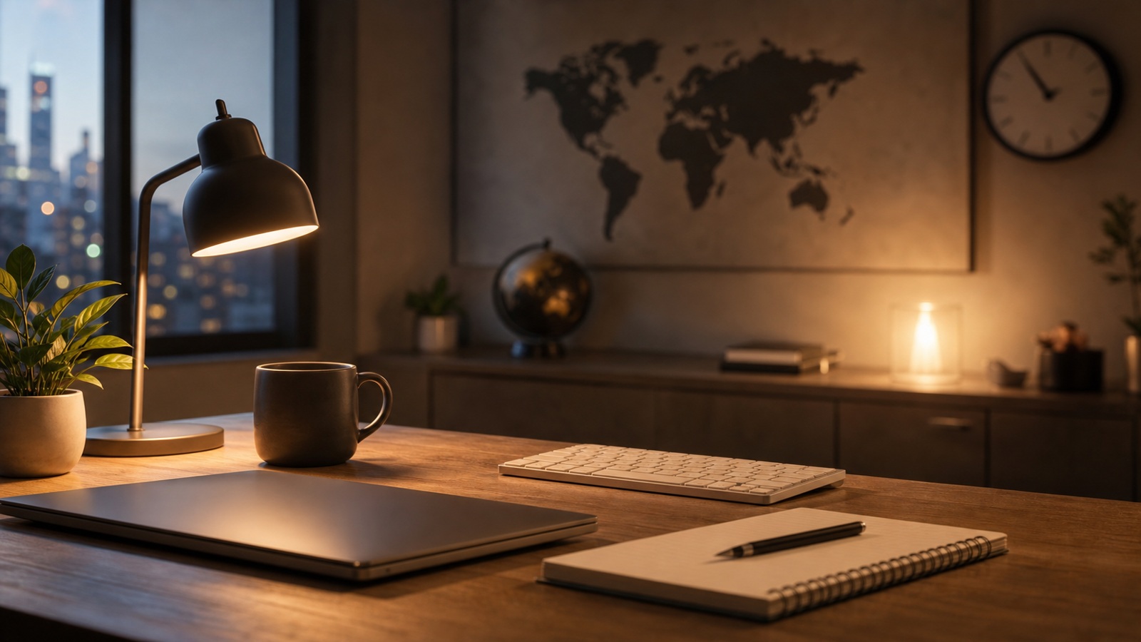 Home office ao entardecer com notebook, teclado e mesa de trabalho em clima calmo, usado como imagem contextual de um post sobre limites de horário e trabalho assíncrono