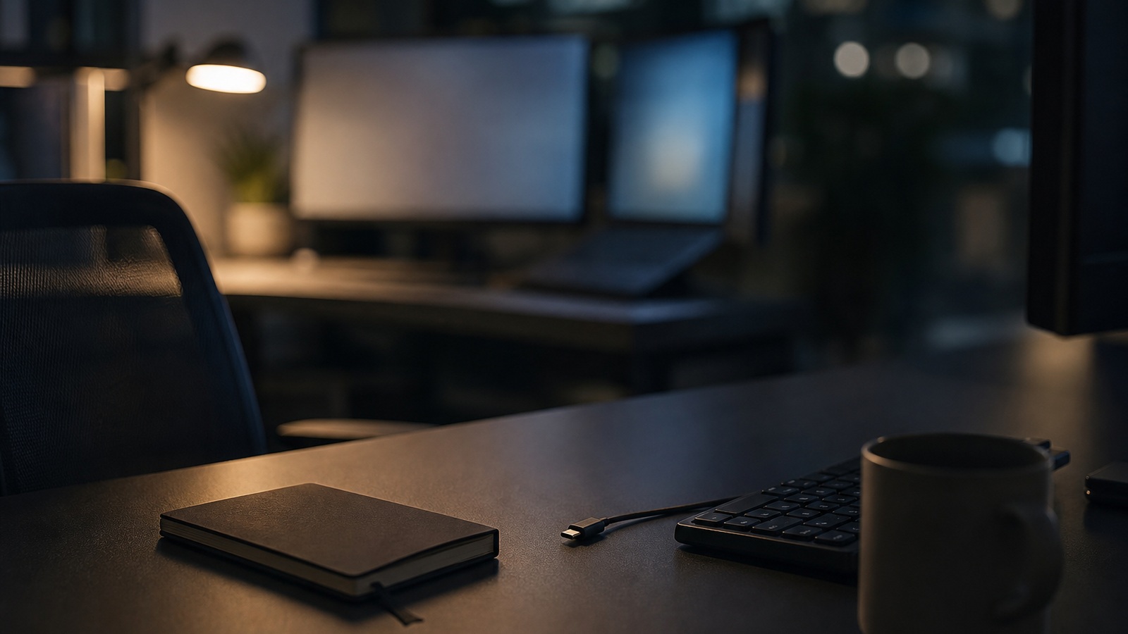 Mesa de trabalho de tecnologia em ambiente noturno, usada como imagem contextual para um post sobre dependência operacional de ferramentas de IA