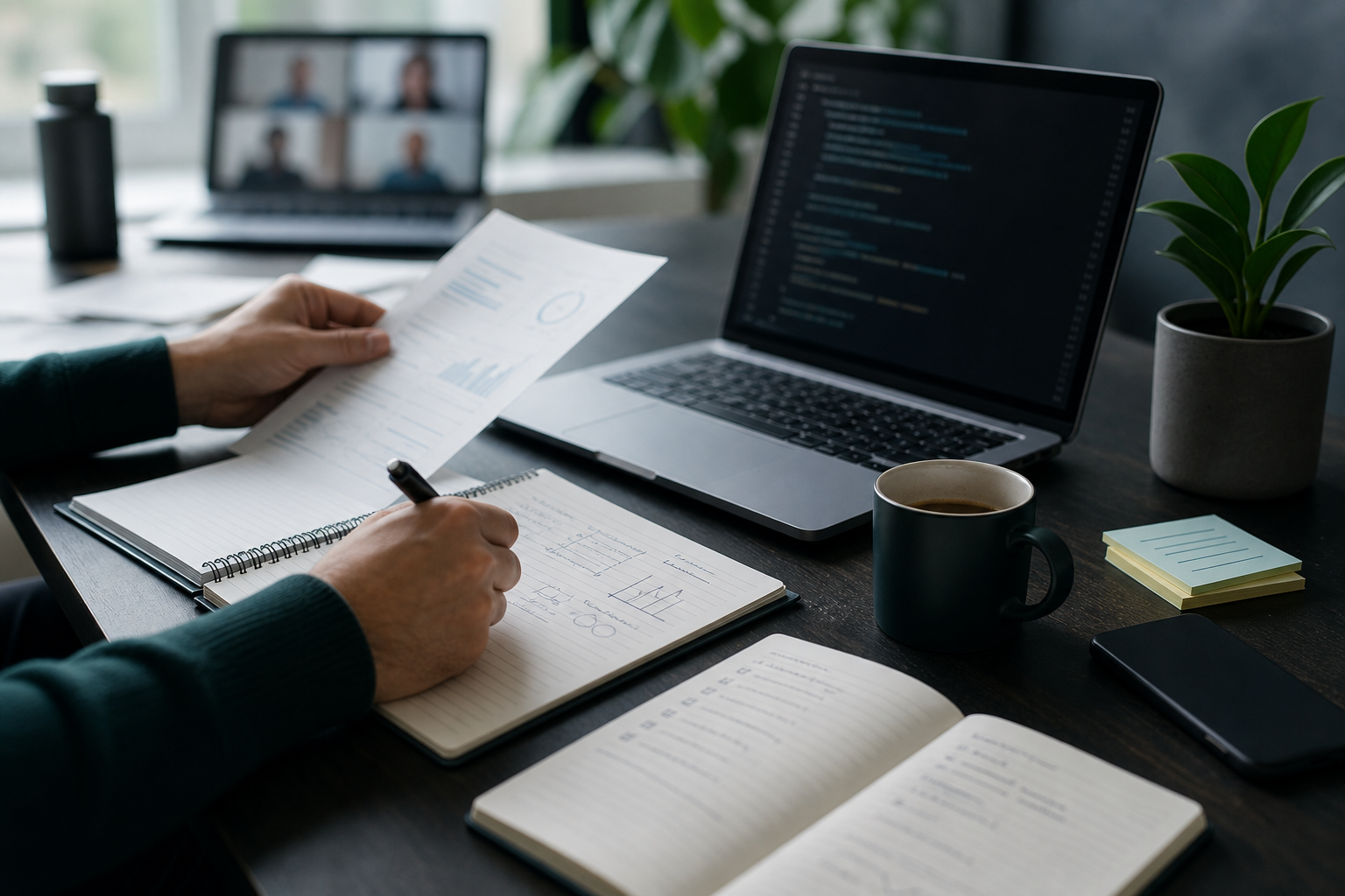Cena contextual de trabalho remoto com notebooks e código, usada para ilustrar a leitura do mercado de TI por vagas reais