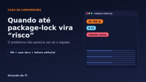 Capa editorial do Vivendo de TI sobre um caso do Hacker News em que práticas básicas como package-lock e auditoria foram tratadas como risco.