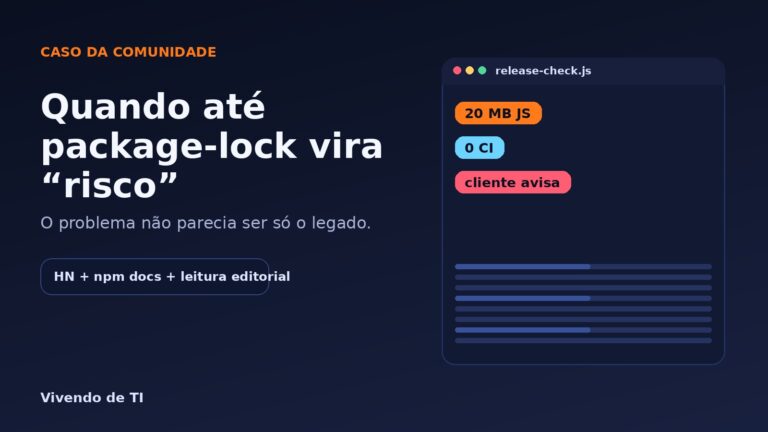 Capa editorial do Vivendo de TI sobre um caso do Hacker News em que práticas básicas como package-lock e auditoria foram tratadas como risco.