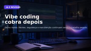 Capa editorial do Vivendo de TI sobre vibe coding, mostrando revisão de código e o custo escondido depois do demo.