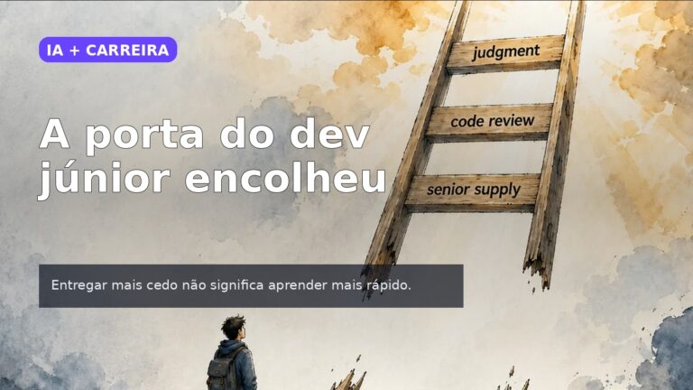 Capa editorial sobre a porta de entrada para dev júnior encolhendo com a pressão da IA