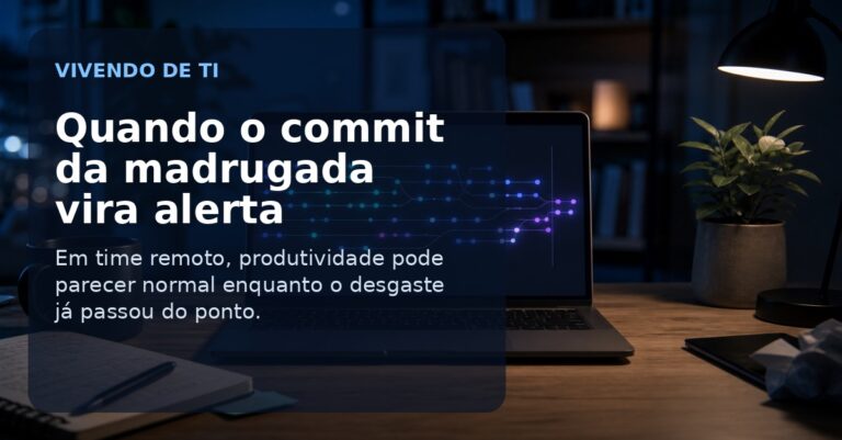 Capa editorial do Vivendo de TI sobre burnout escondido em times remotos, quando o commit da madrugada vira alerta.