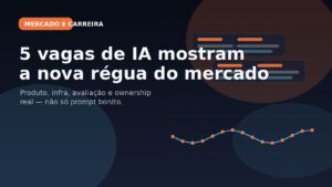 Capa editorial sobre cinco vagas de IA mostrando a nova régua do mercado com foco em produto, infraestrutura e avaliação.