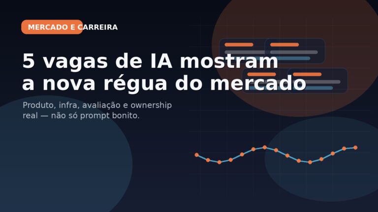 Capa editorial sobre cinco vagas de IA mostrando a nova régua do mercado com foco em produto, infraestrutura e avaliação.
