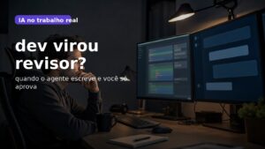 Capa editorial do Vivendo de TI sobre a mudança do trabalho do desenvolvedor para revisão de agentes de IA.