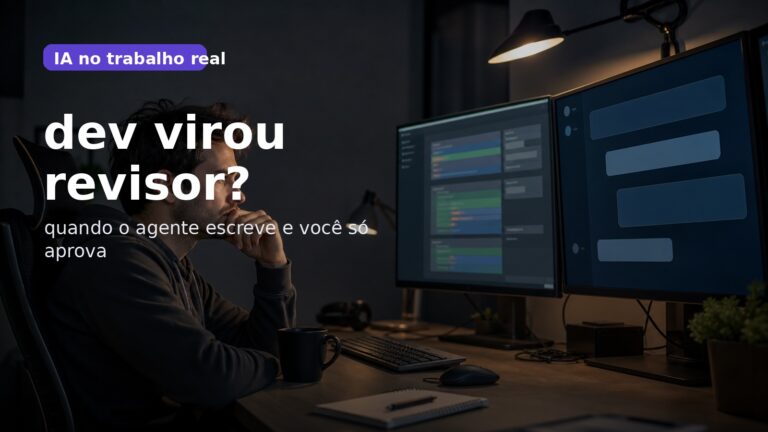 Capa editorial do Vivendo de TI sobre a mudança do trabalho do desenvolvedor para revisão de agentes de IA.
