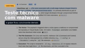 Card editorial sobre um falso desafio técnico usado para instalar malware em candidatos de TI