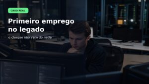 Capa editorial do Vivendo de TI sobre o choque do primeiro emprego em tecnologia quando o trabalho cai em sistemas legados e processos pesados.