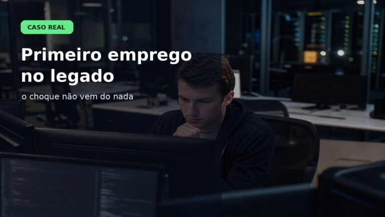 Capa editorial do Vivendo de TI sobre o choque do primeiro emprego em tecnologia quando o trabalho cai em sistemas legados e processos pesados.
