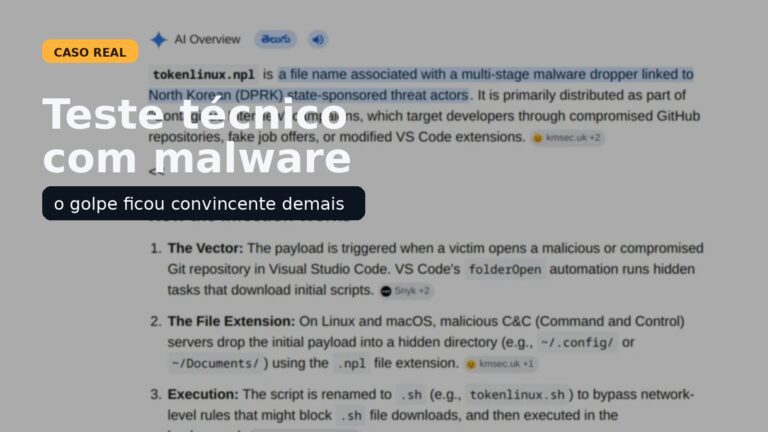 Card editorial sobre um falso desafio técnico usado para instalar malware em candidatos de TI